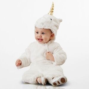 POTTERY BARN KIDS UNICORN COSTUME HALLOWEEN WHITE GOLD BABY 0-6 MONTHS